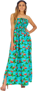 Blue Palm Tree and Swan Printed Long Tube Dress For Women