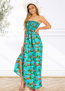 Blue Palm Tree and Swan Printed Long Tube Dress For Women