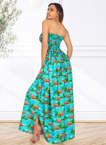 Blue Palm Tree and Swan Printed Long Tube Dress For Women