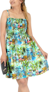 Tropical Palm Trees Flamingo and Floral Printed Short Dress For Women