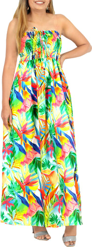 Allover Tropical Leaves Printed Long Maxi Strapless Dress