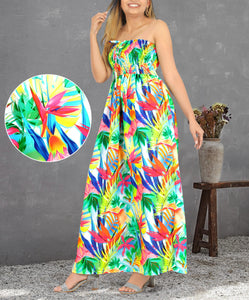 Allover Tropical Leaves Printed Long Maxi Strapless Dress