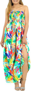 Allover Tropical Leaves Printed Long Maxi Strapless Dress