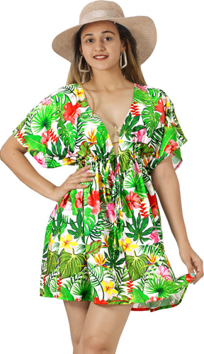 White Tropical Vibes Floral and Leaves V-Neck Non-Sheer Beach Cover Up For Women