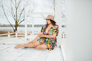 Floral Symphony Multi Color Non-Sheer Flower Printed V-Neck Beach Cover up For Women