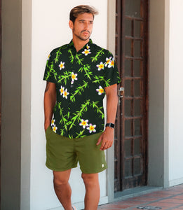 Tropical Plumeria Floral and Leaves Printed Relaxed Hawaiian Beach Shirt For Men