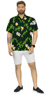 Tropical Plumeria Floral and Leaves Printed Relaxed Hawaiian Beach Shirt For Men