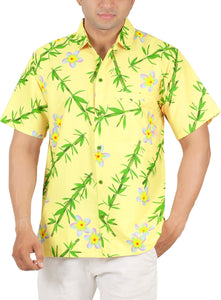 Tropical Plumeria Floral and Leaves Printed Relaxed Hawaiian Beach Shirt For Men