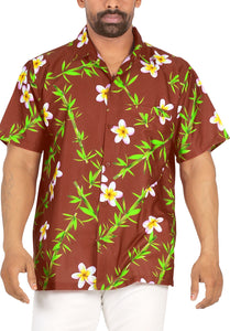 Tropical Plumeria Floral and Leaves Printed Relaxed Hawaiian Beach Shirt For Men