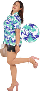 Blue Tropical Allover Palm Tree Printed Hawaiian Shirt For Women