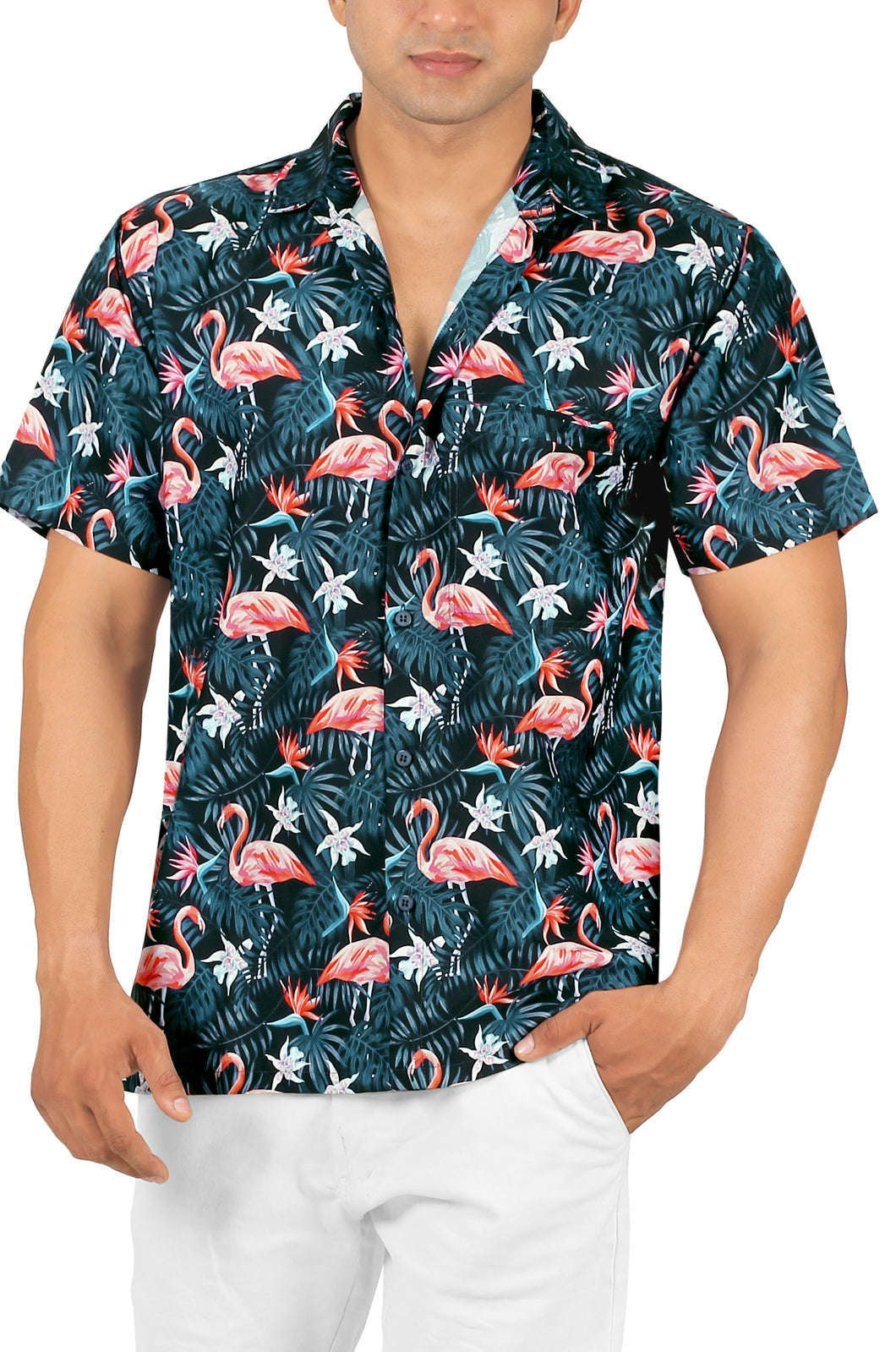 Black Tropical Flamingo and Leaves Printed Hawaiian Beach Shirt For Men