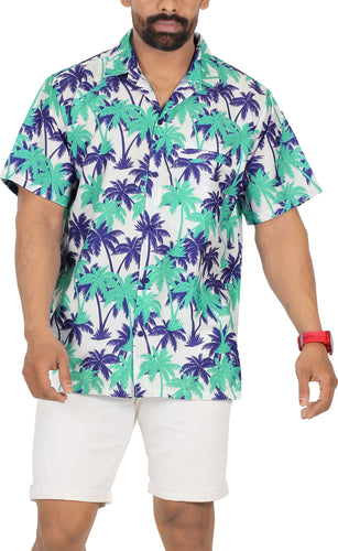La Leela Men's Relax Tropical Palm Tree Hawaiian Shirt White Blue
