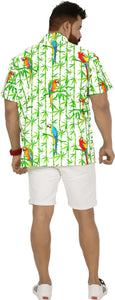 Allover White Parrot and Leaves Printed Hawaiian Beach Shirt For Men