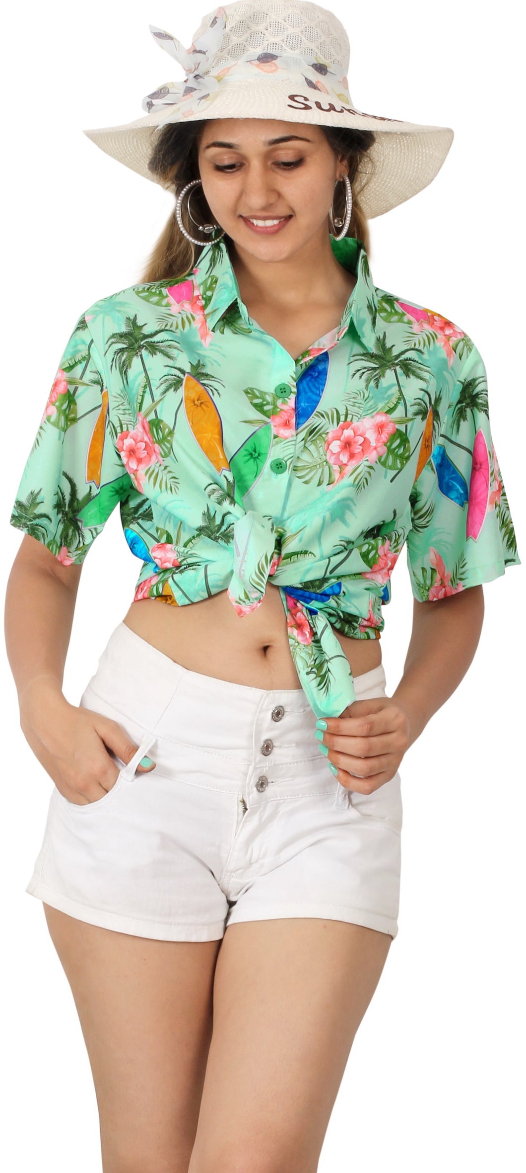 Sea Green Palm Tree and Floral Printed Hawaiian Shirts for Women
