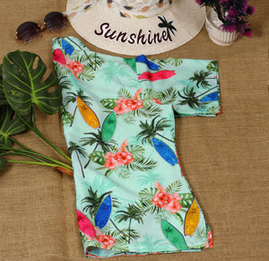 Sea Green Palm Tree and Floral Printed Hawaiian Shirts for Women