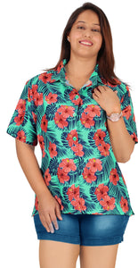 Blue Hisbiscus Tropical Printed Hawaiian Shirts For Women