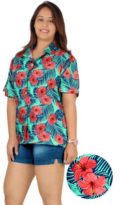 Blue Hisbiscus Tropical Printed Hawaiian Shirts For Women