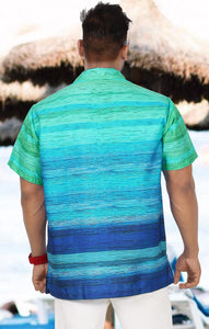 Blue Hue Stripes Tie Dye Effect Printed Hawaiian Beach Shirt For Men