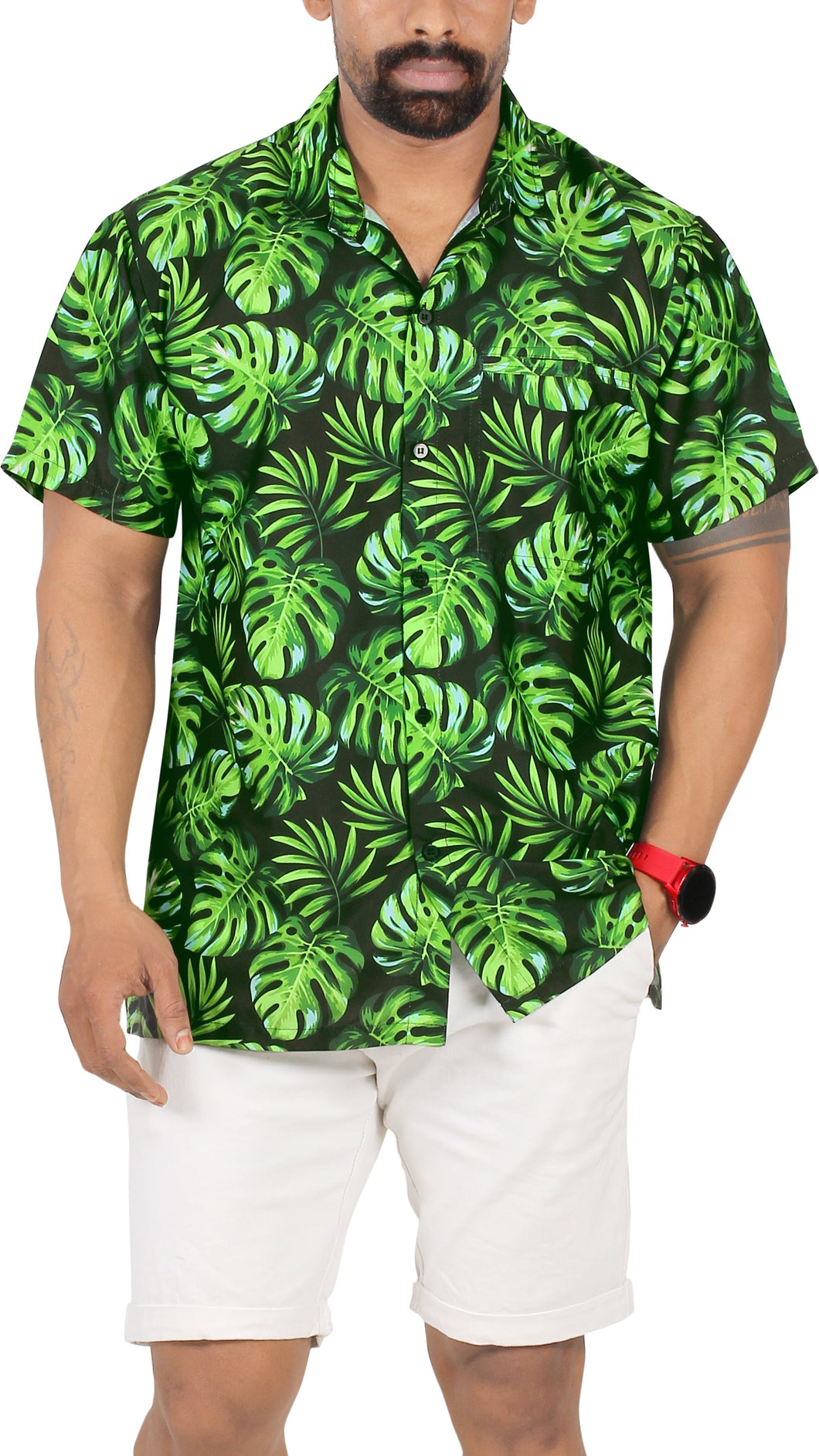 Allover Monstera Leaves Printed Black Hawaiian Beach Shirt For Men