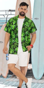 Allover Monstera Leaves Printed Black Hawaiian Beach Shirt For Men