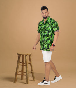 Allover Monstera Leaves Printed Black Hawaiian Beach Shirt For Men