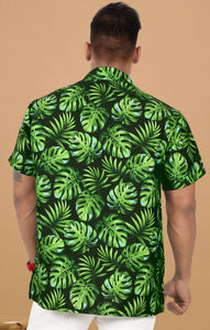 Allover Monstera Leaves Printed Black Hawaiian Beach Shirt For Men