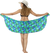 Load image into Gallery viewer, Blue Non-Sheer Allover Monstera Leaves Print Half Beach Wrap For Women