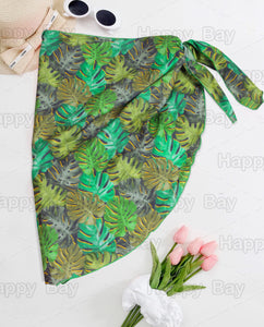 Green Non-Sheer Allover Monstera Leaves Print Half Beach Wrap For Women
