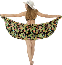 Load image into Gallery viewer, Black Non-Sheer Banana Leaves and Floral Print Half Beach Wrap For Women