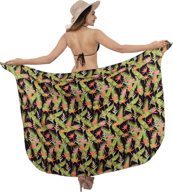 Black Allover Banana Leaves and Floral Print Beach Wrap