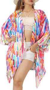 Sheer Artistic Varicolor Stripes Printed Kimono Shrug Jacket Cover up