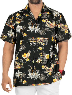 Black Pineapple and Floral Palm Tree Printed Hawaiian Beach Shirt For Men