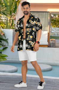Black Pineapple and Floral Palm Tree Printed Hawaiian Beach Shirt For Men