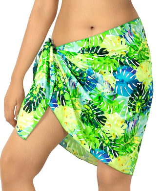 Green Non-Sheer Allover Monstera Leaves Print Half Beach Wrap For Women