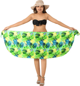 Green Non-Sheer Allover Monstera Leaves Print Half Beach Wrap For Women