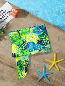 Green Non-Sheer Allover Monstera Leaves Print Half Beach Wrap For Women