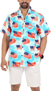 Blue Patriotic USA Flag Printed Hawaiian Beach Shirt For Men