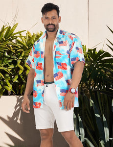 Blue Patriotic USA Flag Printed Hawaiian Beach Shirt For Men