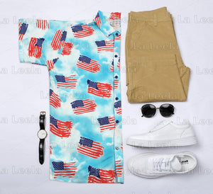 Blue Patriotic USA Flag Printed Hawaiian Beach Shirt For Men