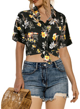 Load image into Gallery viewer, Black Tropical Printed Hawaiian Shirts For Women