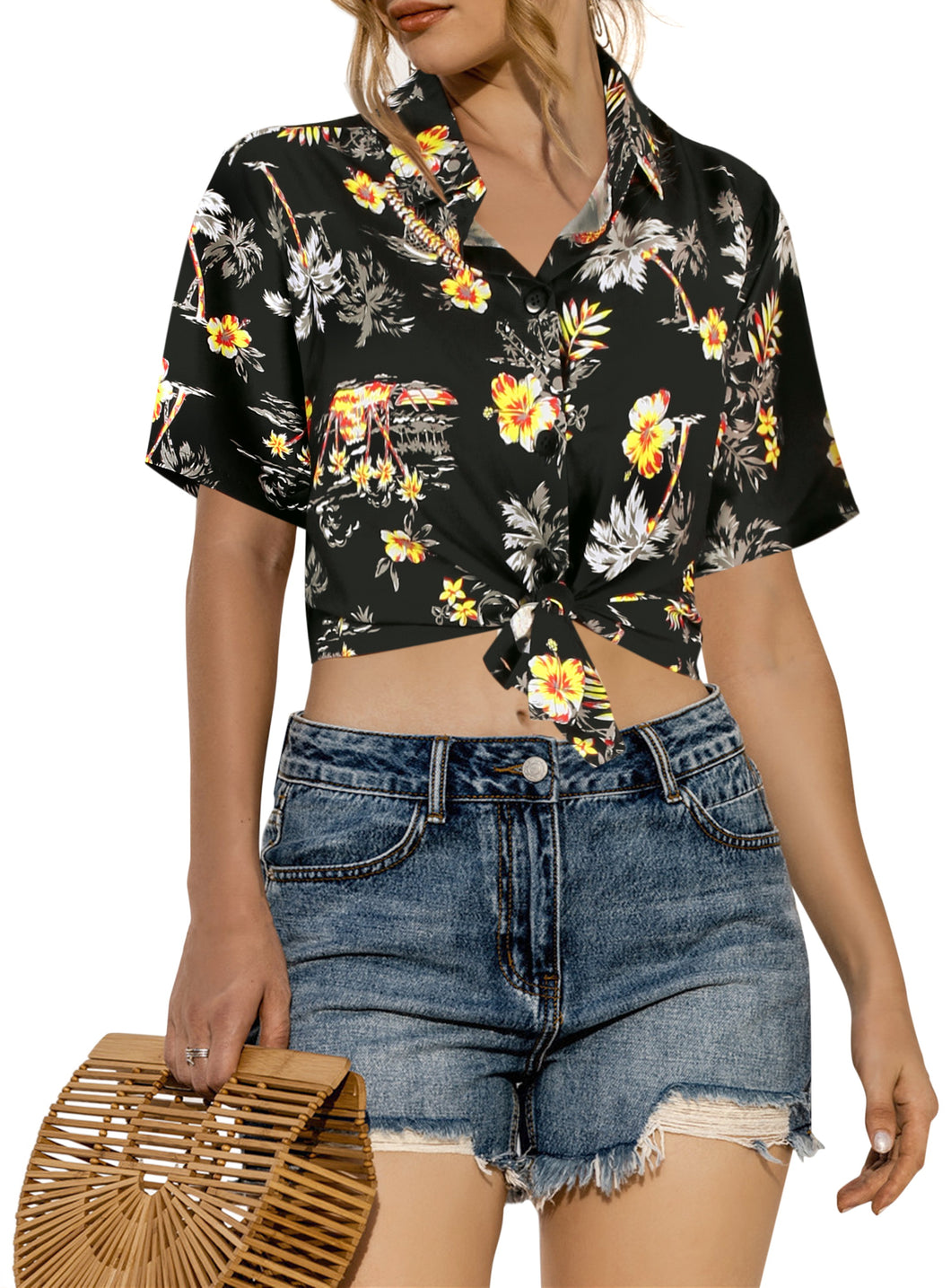 Black Tropical Printed Hawaiian Shirts For Women