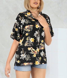 Black Tropical Printed Hawaiian Shirts For Women