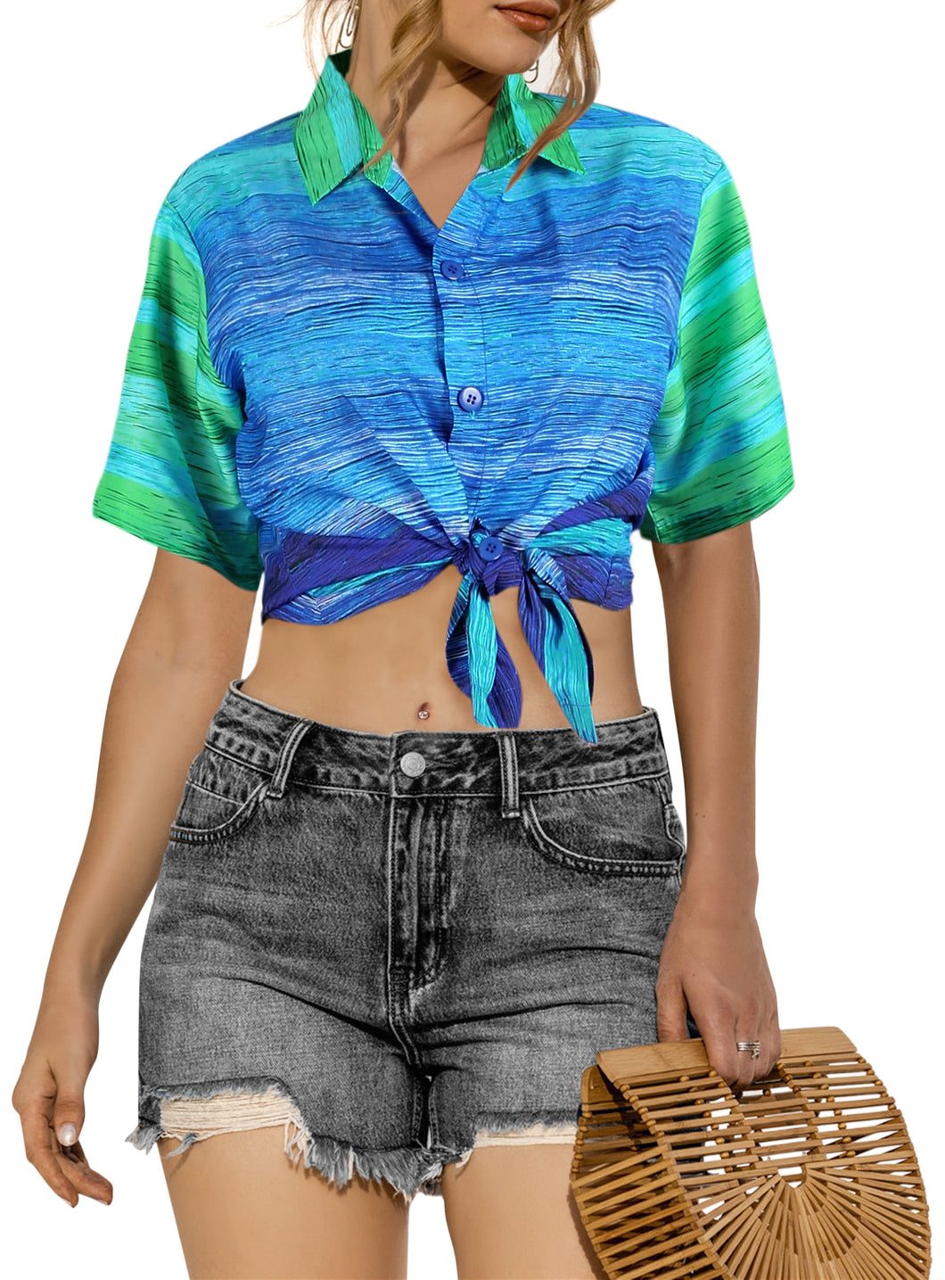 Stylish Blue Striped Hawaiian Shirts For Women