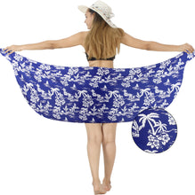 Load image into Gallery viewer, Royal Blue Non-Sheer Palm Tree and Sunset Beach View Half Beach Wrap For Women