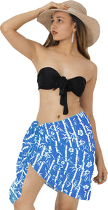 Bright Blue Non-Sheer Bamboo and Hibiscus Flower Print Half Beach Wrap For Women