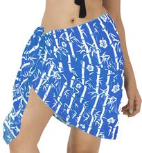 Load image into Gallery viewer, Bright Blue Non-Sheer Bamboo and Hibiscus Flower Print Half Beach Wrap For Women