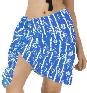 Bright Blue Non-Sheer Bamboo and Hibiscus Flower Print Half Beach Wrap For Women