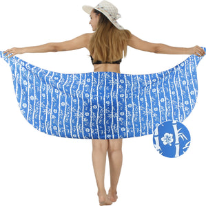 Bright Blue Non-Sheer Bamboo and Hibiscus Flower Print Half Beach Wrap For Women