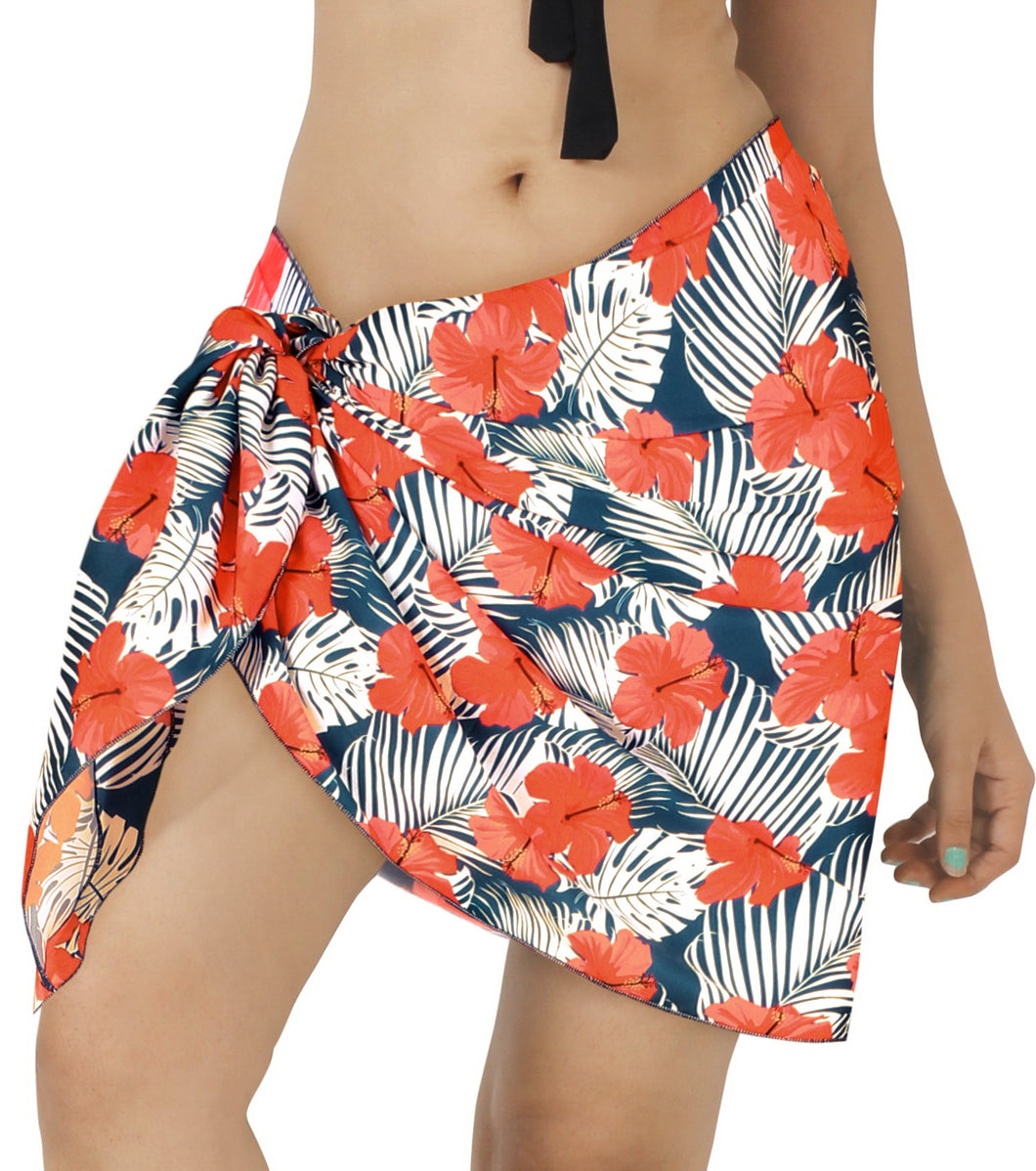 Navy Blue Non-Sheer Allover Hibiscus Flower and Leaves Print Half Beach Wrap For Women