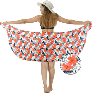 Navy Blue Non-Sheer Allover Hibiscus Flower and Leaves Print Half Beach Wrap For Women